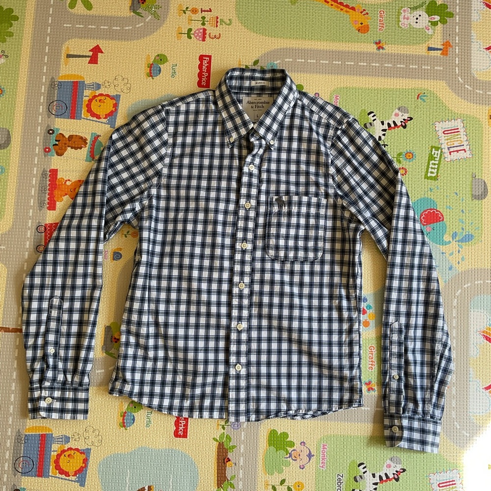 Abercrombie & Fitch Mens Shirt Navy Blue, White  Muscle Fit Long Sleeve